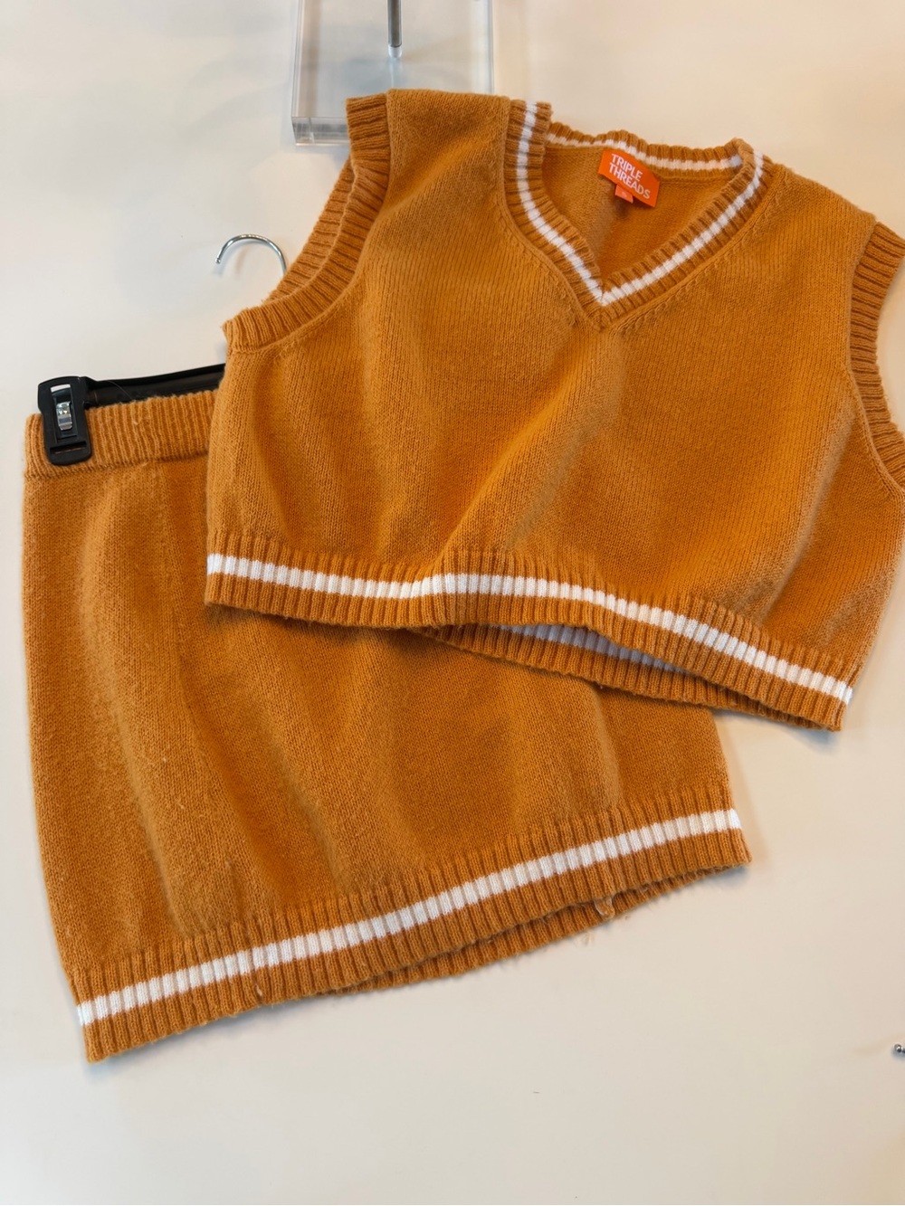 Unbranded Mustard Knit Vest and Skirt Set with White Stripe